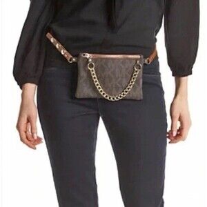 Michael Kors Brown MK Signature Fanny Pack Belt Bag Medium with gold chain Small
